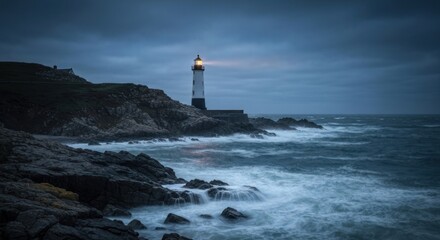 Obraz premium A solitary lighthouse stands guard as waves crash against the rugged coastline at dusk