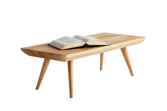 An open book rests on a light-wood, mid-century modern style coffee table against a pure black background