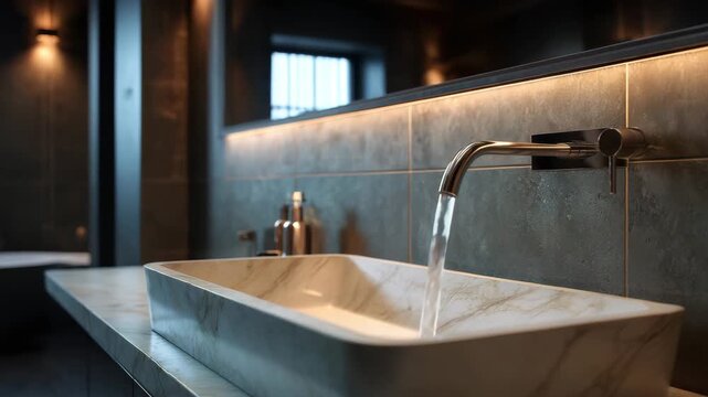 Modern bathroom sink with running water from wall mounted faucet, elegant marble countertop and basin, dark tile wall, soft warm lighting creating cozy and calm interior atmosphere