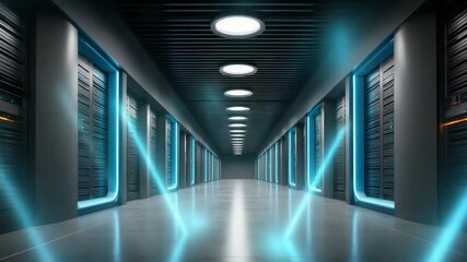 Futuristic data center corridor with rows of server racks illuminated by blue LED lights and ceiling spotlights, showcasing modern high tech interior technology and sleek design - Powered by Adobe