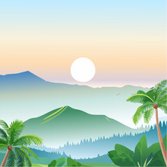 Fototapeta premium Vibrant vector landscape featuring serene mountain peaks and lush tropical palm trees bathed in golden light, evoking a peaceful natural environment at dawn or dusk