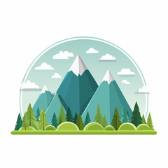 Flat design mountain landscape vector illustration. Scenic view of snowy peaks, pine forest, and green hills for travel or outdoor adventure