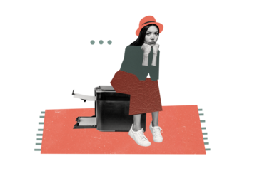 Composite photo collage of upset tired businesswoman sit broke printer office equipment scanner tool isolated on painted background