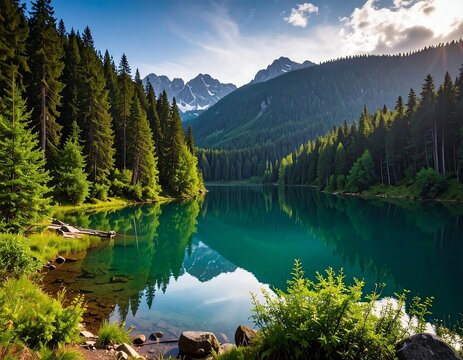 Mountain lake reflecting a vibrant sky. Lush forest surrounds a tranquil lake mirroring the majestic peaks of the distant mountains
