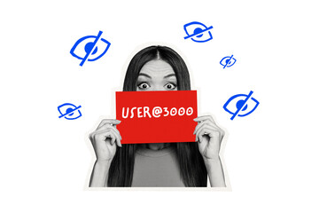 Composite photo collage of astonished girl hold nickname account poster webpage social network eyes...