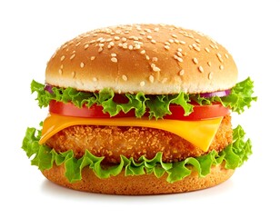 Close-up of a golden-brown, sesame-seed bun burger.  Fresh, crispy, breaded patty, cheese, lettuce, tomato, and sliced onion.  Isolated on white