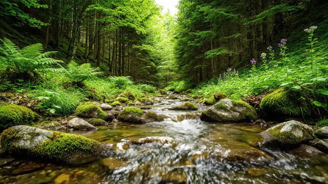 A babbling brook winds through a lush green forest with moss-covered rocks and vibrant foliage