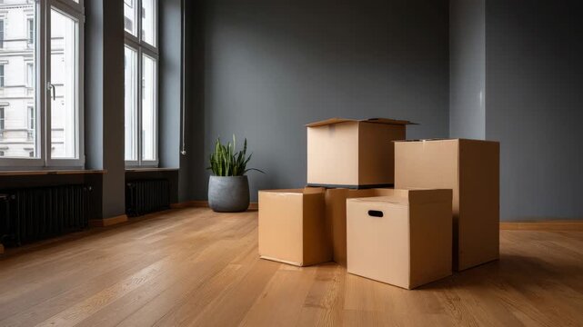 Moving box cardboard in empty room with wooden floor and window natural light brightens interior with plant creating calm inviting atmosphere and hopeful new beginnings