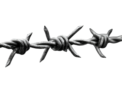 Close-up of a length of rusted, barbed wire, highlighting the sharp barbs and twisted strands