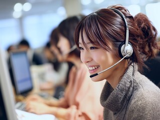 ヘッドセットをつけた女性オペレーターが笑顔で対応するコールセンター業務中の明るい職場イメージ写真