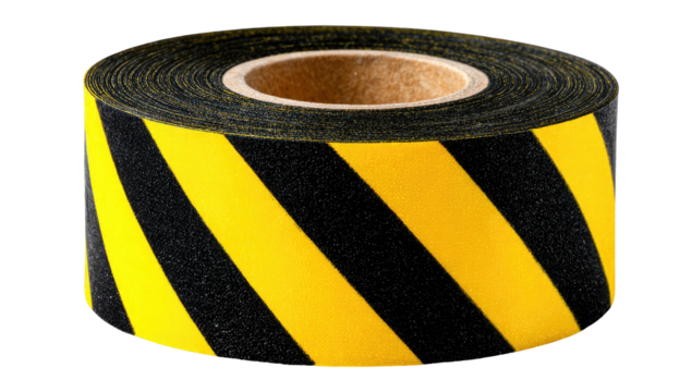 Roll of safety tape with black and yellow diagonal stripes, isolated on a transparent background