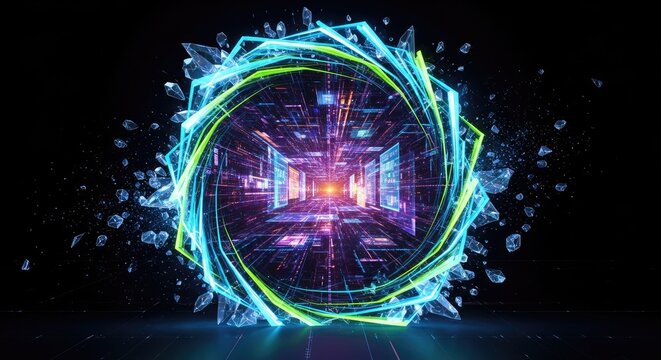 Abstract swirling digital portal or vortex with glowing neon lights and geometric patterns, representing data transformation and cyberspace on a dark background. - Powered by Adobe