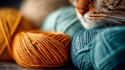 A cute ginger cat sleeping on colorful yarn balls. A close-up shot of a ginger feline pet resting its head on a ball of teal yarn, surrounded by colorful yarn balls, creating a cozy and warm scene.
