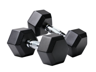 Two black hexagonal dumbbells with metallic handles, angled against a black background