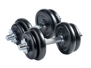 Pair of adjustable dumbbells with black weight plates on a clean black background