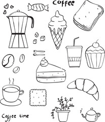 Hand-drawn doodle illustration of coffee and breakfast items. Includes coffee cup, croissant, cake, ice cream, toast, coffee pot, candy, and potted plant