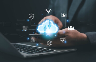 Cloud computing and data storage concept with glowing upload and download icons, symbolizing online connection, cybersecurity, teamwork, and digital innovation for modern business.