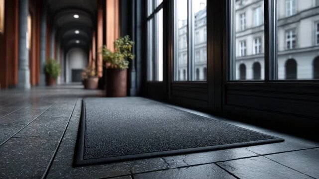 Black entrance mat on stone floor in corridor with large window and potted plant featuring natural light and architectural detail creating clean indoor space with welcoming atmosphere
