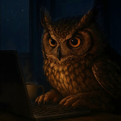 Night owl typing with cup of coffee beside laptop.