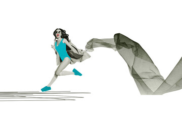 Composite photo collage of happy excited nice girl run wear swimsuit jacket sunglass pink lipstick...