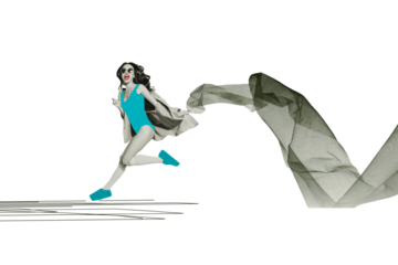 Composite photo collage of happy excited nice girl run wear swimsuit jacket sunglass pink lipstick isolated on painted background