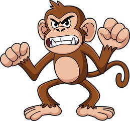 Angry cartoon monkey showing fists, fierce animal expression, jungle wildlife illustration, aggressive primate character, funny angry ape mascot design