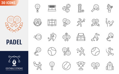 Padel line Editable Icons set. Containing Icons. racket, court, ball, and more. Vector illustration