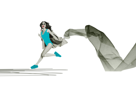 Composite photo collage of happy excited nice girl run wear swimsuit jacket sunglass pink lipstick isolated on painted background