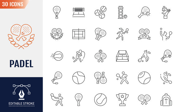 Padel line Editable Icons set. Containing Icons. racket, court, ball, and more. Vector illustration