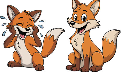 Cute cartoon fox characters laughing and smiling, playful animal illustration, woodland creature, adorable mascot design, cheerful wildlife art for kids
