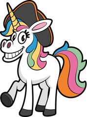 Cute cartoon unicorn with rainbow mane wearing pirate hat, fantasy animal illustration, magical fairytale creature, colorful children character art