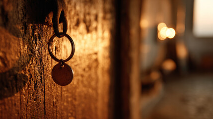 Vintage key hanging on an old wooden door, bathed in warm sunlight