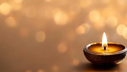 Glowing diwali oil lamp against warm bokeh background creates spiritual atmosphere. Traditional clay diya with burning flame for festival celebration.