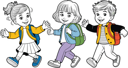 Naklejka premium Happy cartoon children walking to school with backpacks, diverse kids illustration, education, friendship, childhood learning concept, back to school design