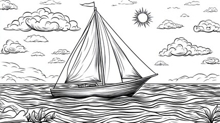 Vintage sailboat on a calm sea, with detailed line art.  Clouds and sun complete the scene