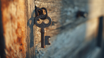 Vintage key hanging on an old wooden door, bathed in warm sunlight