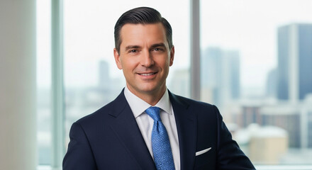 Professional businessman in a dark blue suit and blue tie smiling confidently in front of a blurred city skyline background