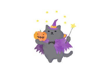 ハロウィン・仮装してかぼちゃを持つ可愛い猫のベクターイラスト素材／水彩風