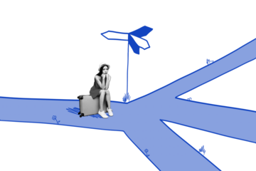 Composite photo collage of sad girl refugee sit suitcase lost direction road sign pointer migration summer isolated on painted background