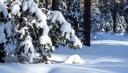 Winter forest with snow on pine branches, blue shadows on white ground, and overcast midday light