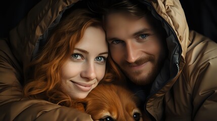 Young couple in warm winter coats snuggling with their ginger dog outdoors, sharing intimate moment together. Natural lighting creates cozy atmospheric portrait.