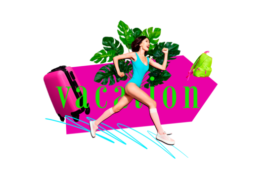 Composite photo collage of happy sexy girl wear swimsuit run summer vacation preparation suitcase bag palm isolated on painting background