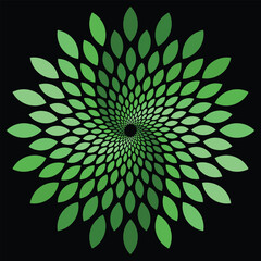 Green geometric spiral pattern made of leaf shapes on a black background. Modern abstract design inspired by nature and symmetry&mdash;great for eco, wellness, and botanical themes.