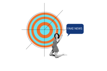 Creative poster collage young woman jump celebrate victory fake news message information speech target goal aim accomplishment