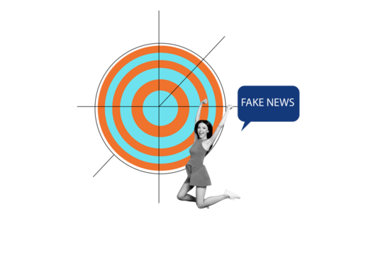 Creative poster collage young woman jump celebrate victory fake news message information speech target goal aim accomplishment