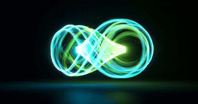 Vibrant abstract infinity symbol with glowing light effects on dark backdrop