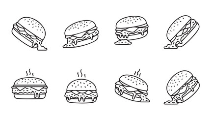 Set of eight hand-drawn burger icons with melting cheese and steaming effects vector