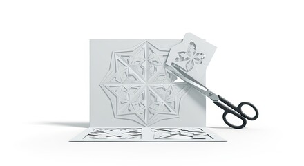 Obraz premium Geometric Pattern Cutting: The scene showcases a meticulous cutting process applied to a sophisticated embossed design, the precise scissors delicately separating the pattern, suggesting precision.