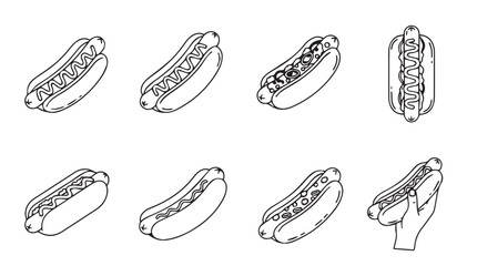 Collection of hand drawn hot dog sketches in various styles and angles for food art vector