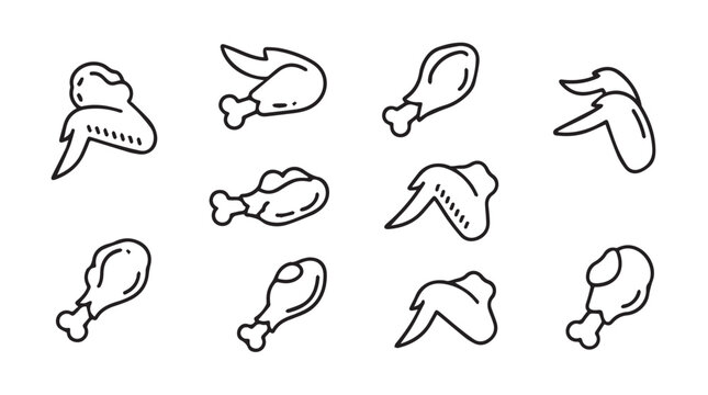 Hand drawn chicken wings and drumsticks collection realistic food sketch elements for culinary design vector